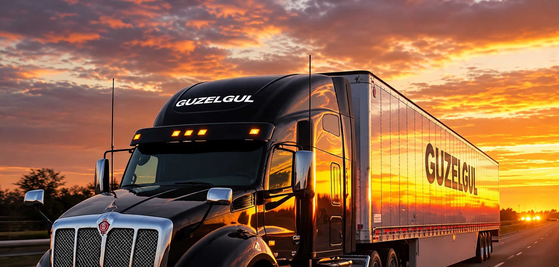 Guzelgul truck on the highway at sunset