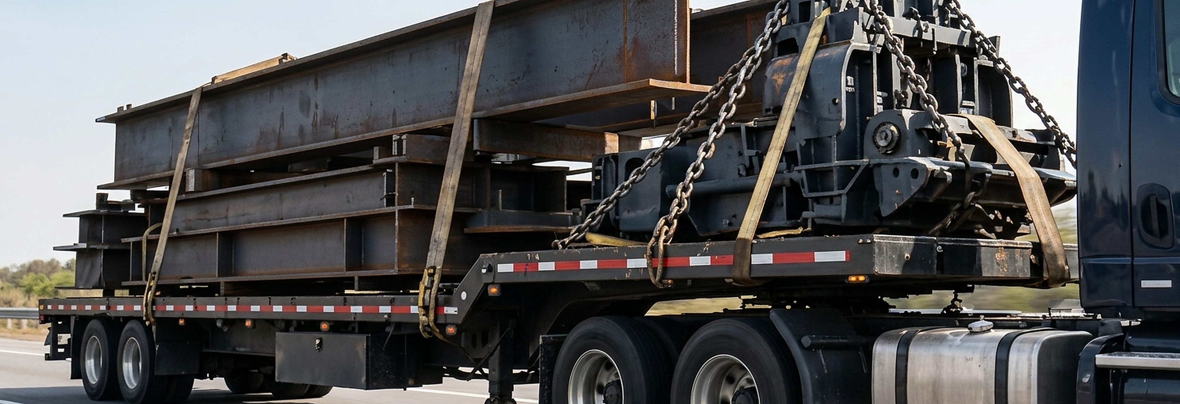 Flatbed trailer hauling steel beams and heavy machinery