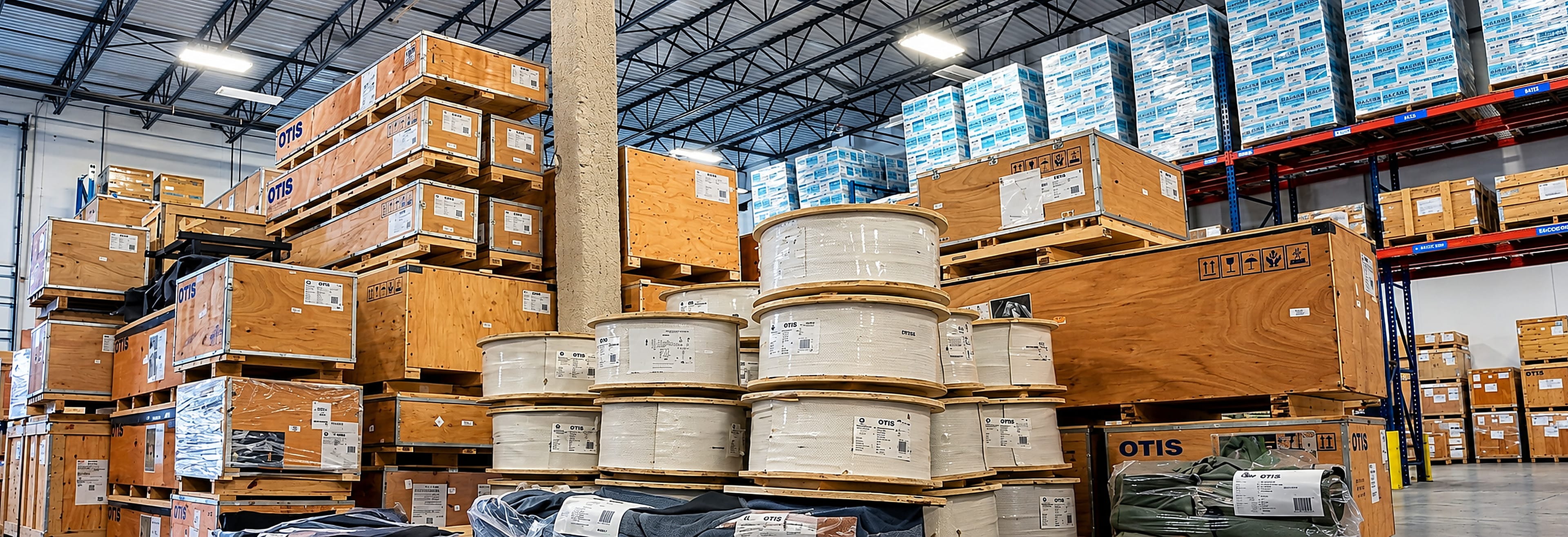 Warehouse stacked with wooden crates and cable reels
