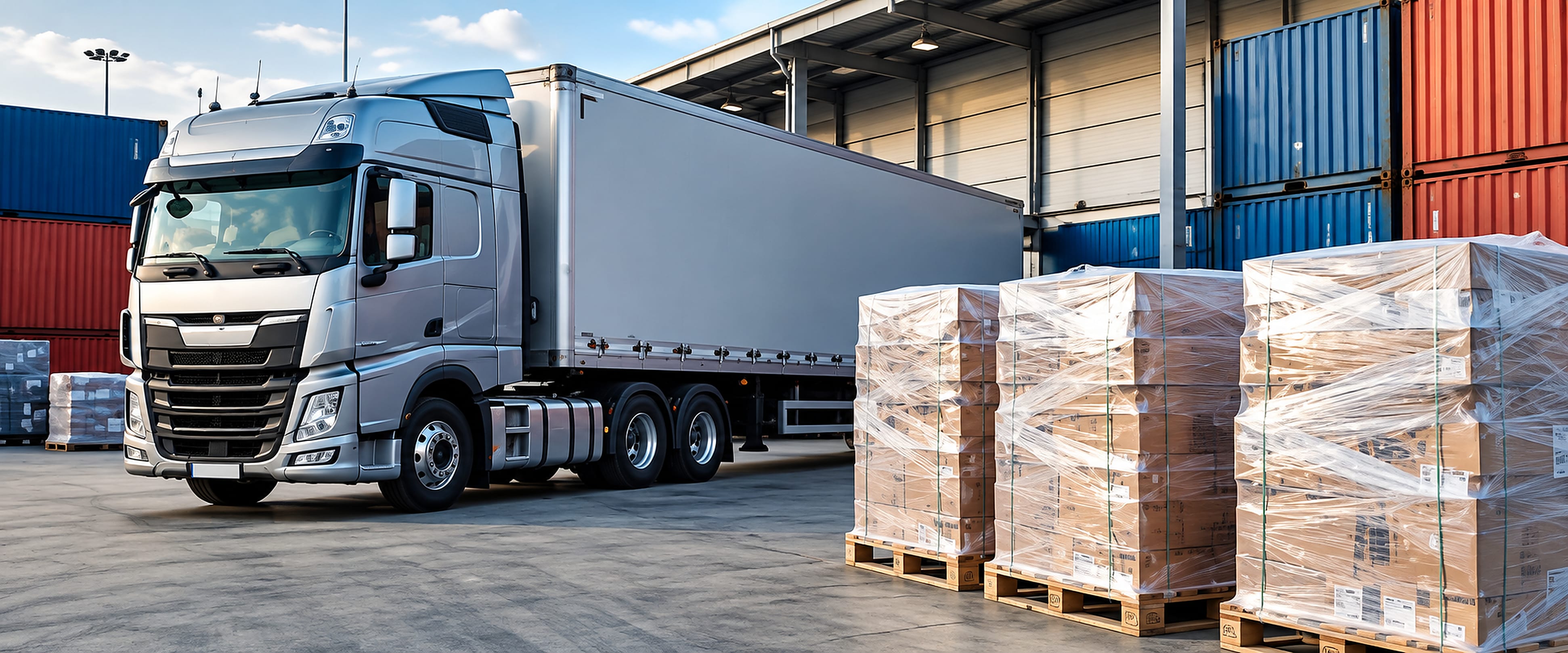 Silver semi-truck in a busy shipping yard beside shrink-wrapped pallets and stacked containers